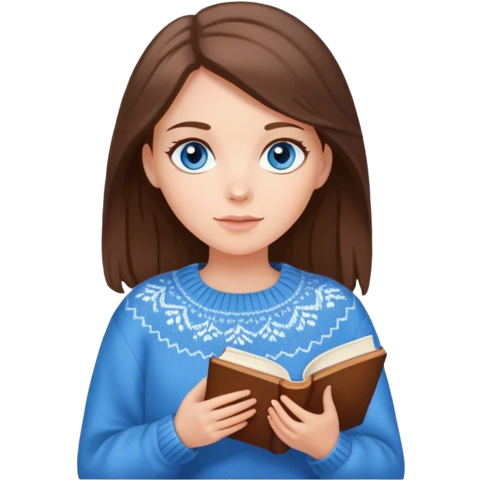 White girl brunette with blue eyes in a cozy sweater holding a book emoji