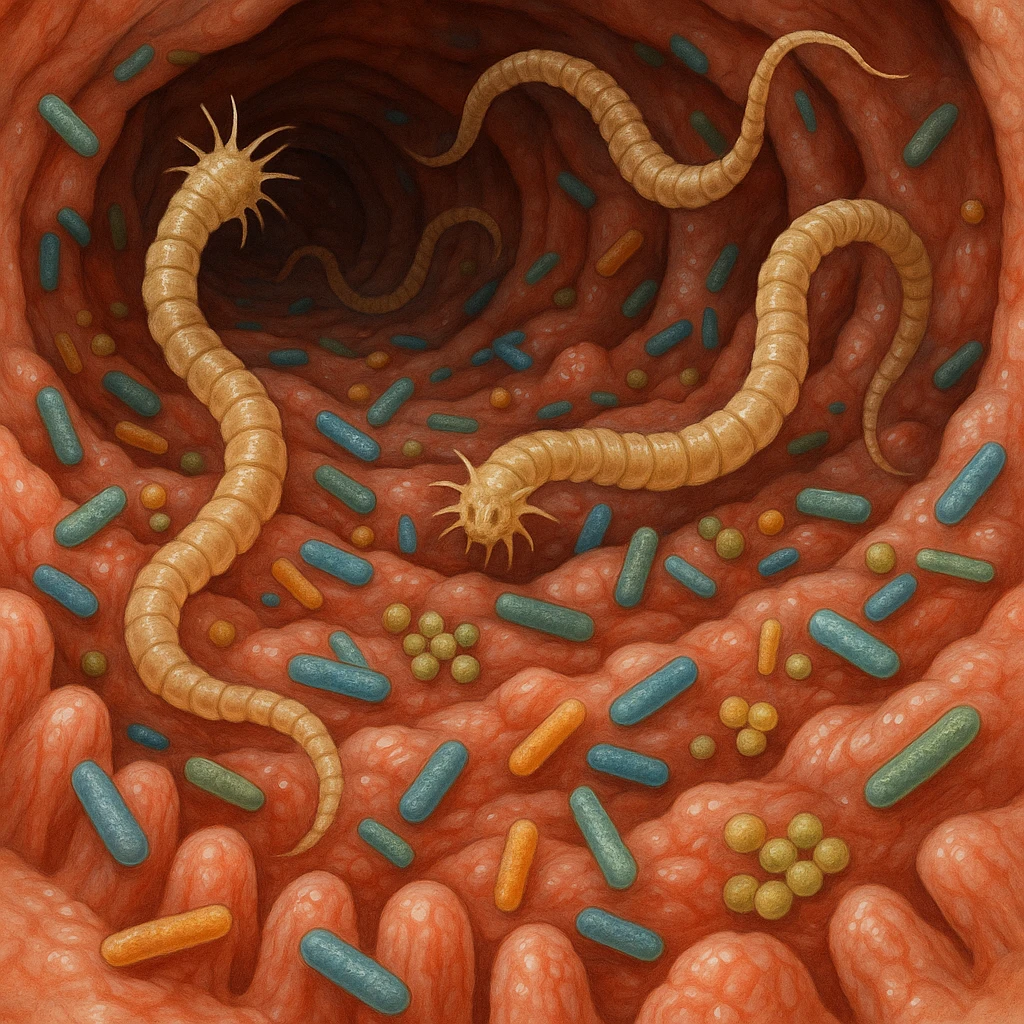 a medical illustration of a human realistic gut with bacteria and virus like worms emoji