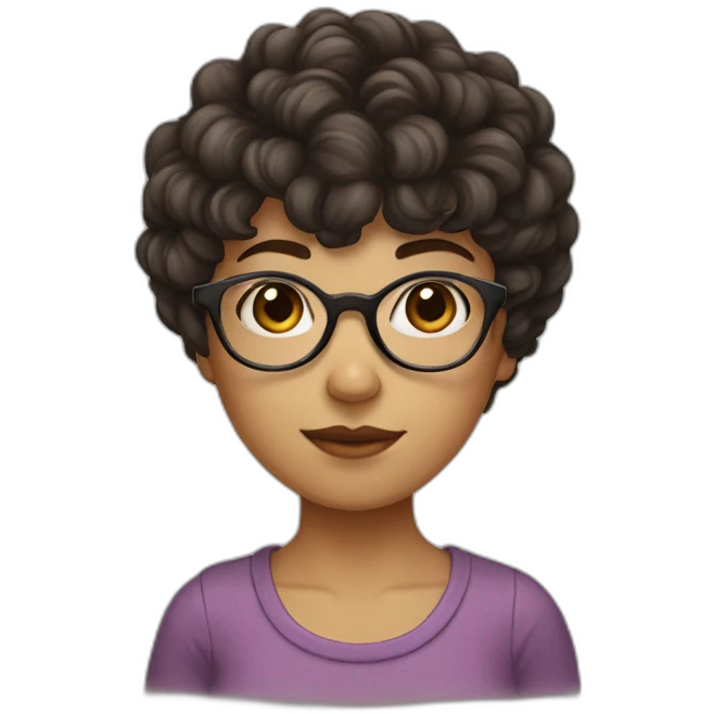 girl with short curly dark brown hair and bangs and she has thin glasses emoji