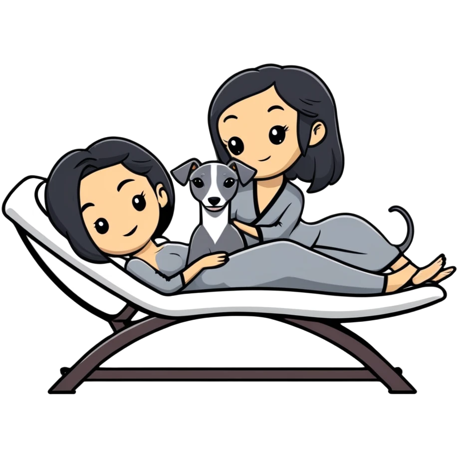 Very thin Chinese woman with long black hair relaxing on a spa lounger with exactly ONE Italian greyhound. CRITICAL REQUIREMENT: the dog must be ONE SOLID DARK CHARCOAL GREY COLOR from nose to tail with NO WHITE or LIGHT AREAS anywhere - NO white face, NO white muzzle, NO white chest, NO white paws, NO white tail tip - NOTHING BUT A SINGLE SHADE OF DARK GREY throughout the entire animal emoji