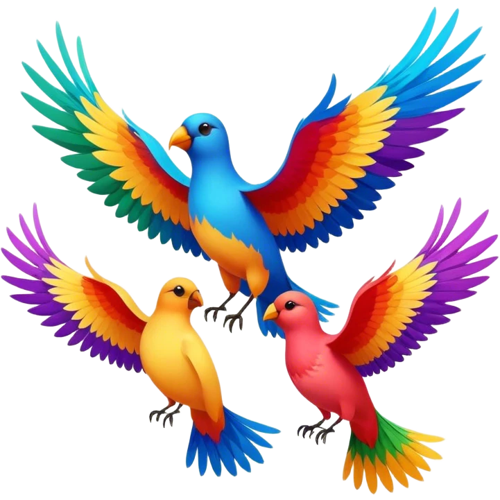 Three colorful birds flying together in the sky, each with vibrant feathers, wings spread wide, moving in harmony and creating a lively, joyful scene emoji
