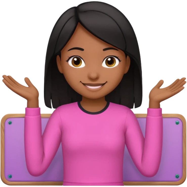 a brown skin teachers with hair that stop at elbows girl with black straight like hair wearing pink not hot pink 2 piece set teaching up on a board emoji