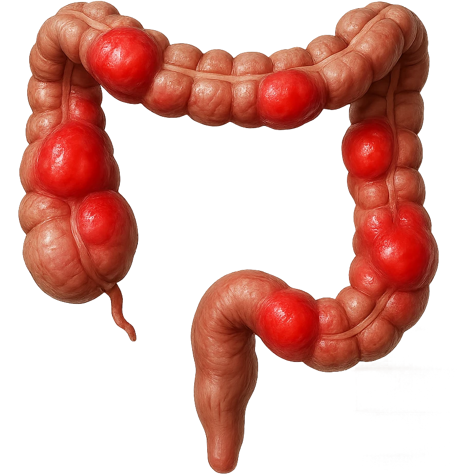realistic human intestine, inflamed with red swollen areas, 3D effect, isolated on white background emoji