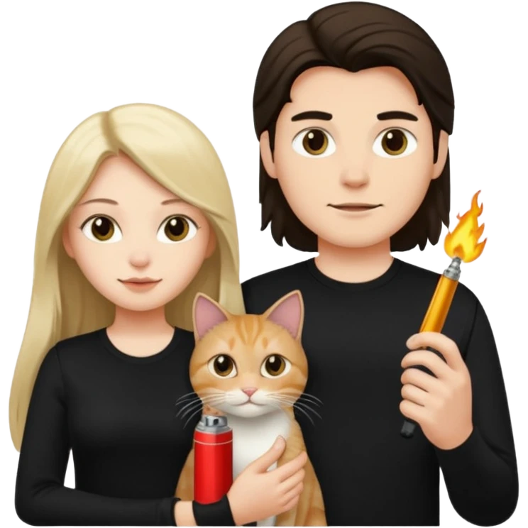 The man is wearing a black shirt and the women is wearing a black top and has longer hair. The cat is lighter  emoji