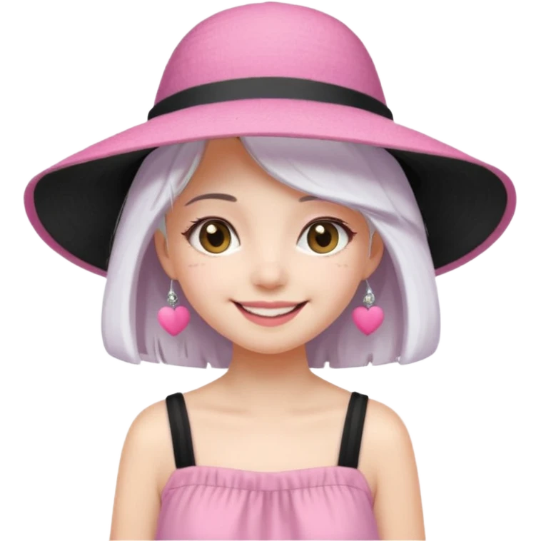 Girl in pink dress and sunhat smiling, black 2 string dress, white hair emoji
