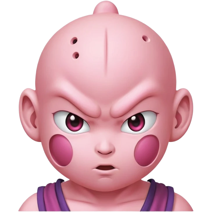 Majin Buu from Dragon Ball Z, pink round body with holes, antenna on head, childlike face emoji