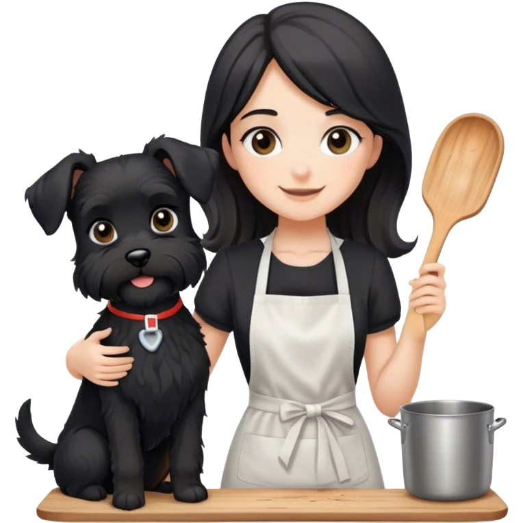 pale smiling girl baking with long back hair wearing black long shirt wearing apron holding black  schnauzer emoji