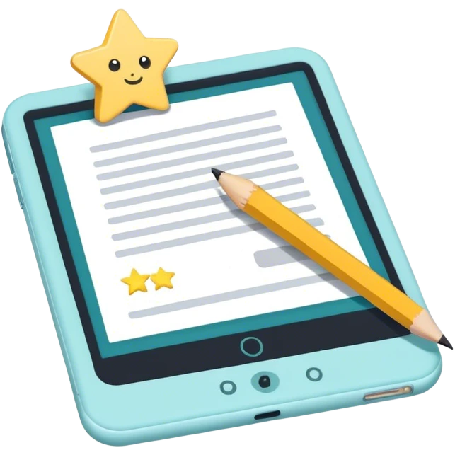 Create an emoji representing fanfiction writing. The design should feature an open notebook or digital device with visible text, symbolizing the creative process of writing fanfiction. Include elements like a pencil or pen nearby, and optionally, add a subtle reference to popular fictional characters or universes (like a small star, heart, or magical item) to indicate the fan aspect. Use a playful, imaginative color palette, blending vibrant tones with soft neutrals. Do not include any emojis or smiley faces. Make the background transparent. emoji