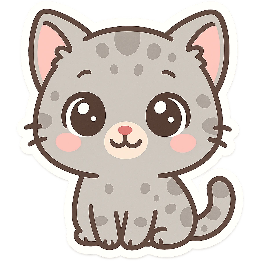Cute emoji of a small gray cat with black spots, big shiny kawaii eyes, tiny pink nose, and a sweet smiling expression. Minimalist design, clean vector style, high resolution, soft pastel colors, with a transparent background. emoji