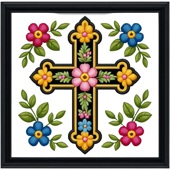 Framed cross-stitch emoji