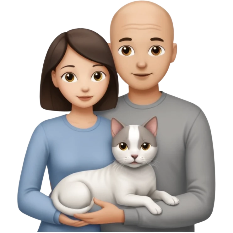 Bald guy and brunette girl with a white dog and Grey cat emoji