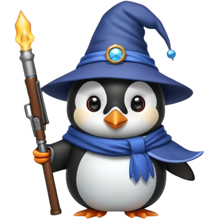 A cute penguin funny with a wizard hat, and a shotgun emoji