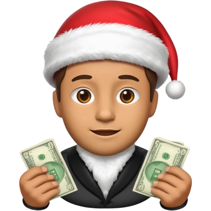 A confident rich emoji face wearing a Santa hat, money stacks, casino vibe, New Year theme, premium 3D emoji style, sharp details, no text, isolated on transparent background emoji