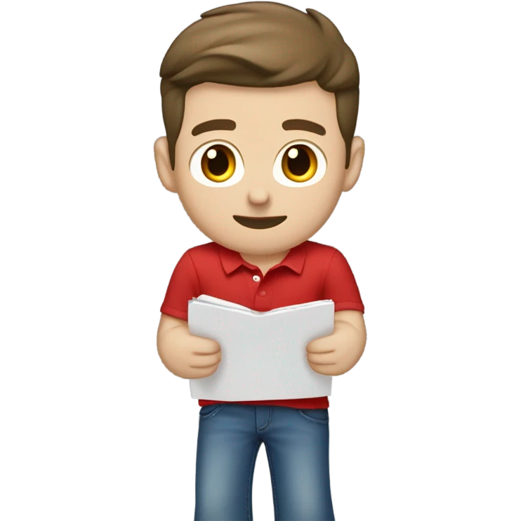 attractive young brunette man wearing red polo overtop a white shirt and really baggy jeans looking at records, pale skinned emoji