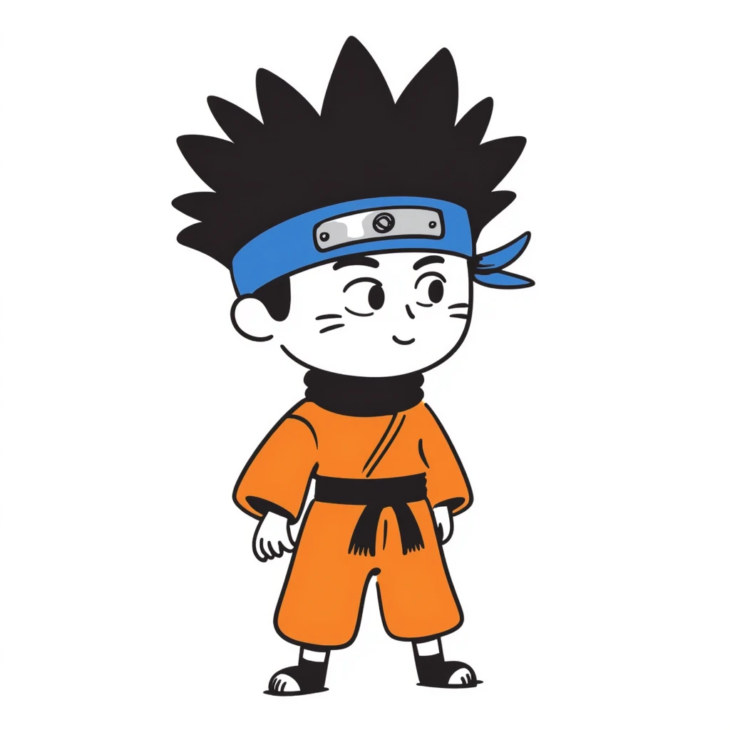 A blonde ninja boy with spiky hair, whisker marks on cheeks, orange outfit, and blue headband with metal plate emoji