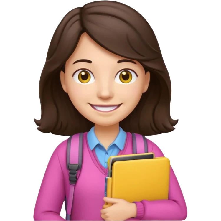 Teacher emoji but : wavy dark brown hair, light western skin, no glasses, dark eyes, with a computer folder in the hand (color is yellow), being a teacher, wearing pink backpack, smile with teeth





 emoji