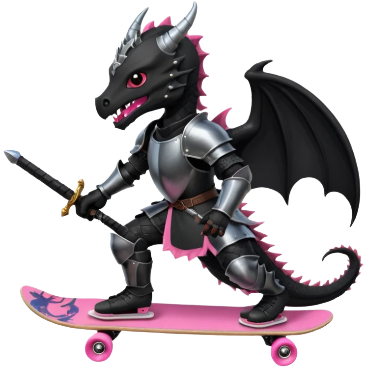 zwarte ridder met een zwarte zwaart en een zwarte schild met een zwarte draak op en hij skate met een roze skatebord en hij  zit tegen een draak te vechten emoji