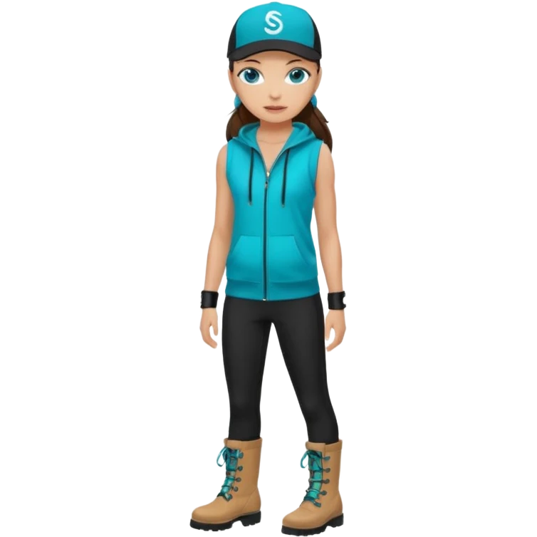 A landscaper in a beautiful turquoise hoody and turquoise rubber boots, black pants, and a black sleeveless shirt. On her head is a black color Swissotel baseball cap. The girl is a brunette with blue eyes. emoji