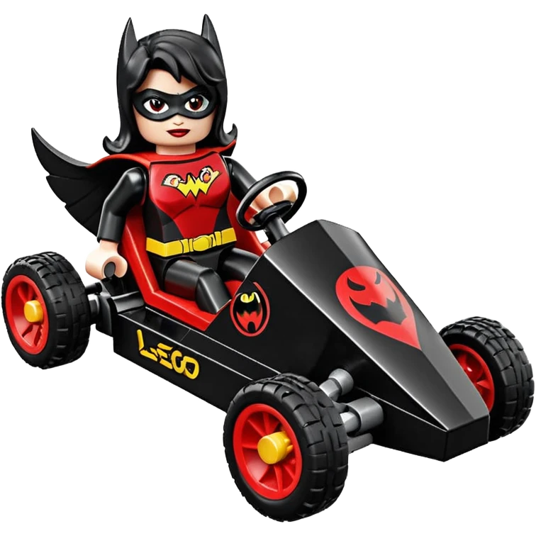 Hot full size real size-appearance electric road racing sexy BatWoman’s feminine midnight-colored tight outfit sixty’s tv show Lego dark stealthy sporty safe plush deluxe off-road pursuit cruiser car rose gold accents (black hair,reclined and relaxed torso and shoulders seating position) go kart  emoji