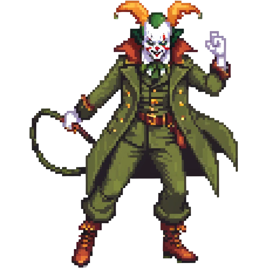 evil clown soldier, bald, small black horns on forehead, fangs, pointed ears, eye patch over one eye, long coat over black and military green clothes with bellbottom pants, tail, holding a different style of whip, realistically proportioned, less bulky, full body, fighting stance emoji