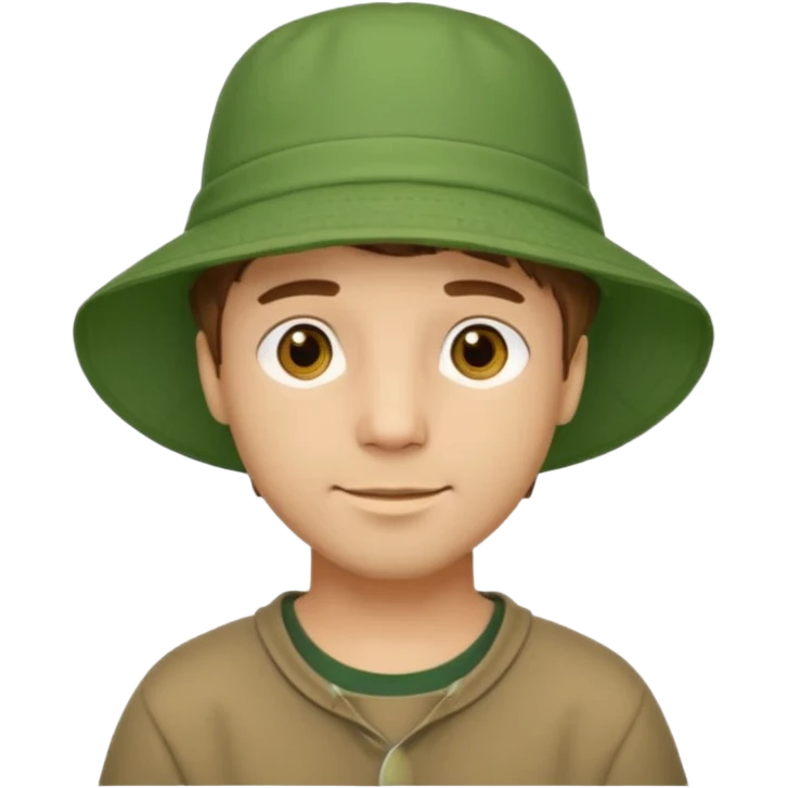 A light-skinned man with short brown hair, golden-brown eyes, and a soft smile, wearing a wide-brimmed green bucket hat. emoji