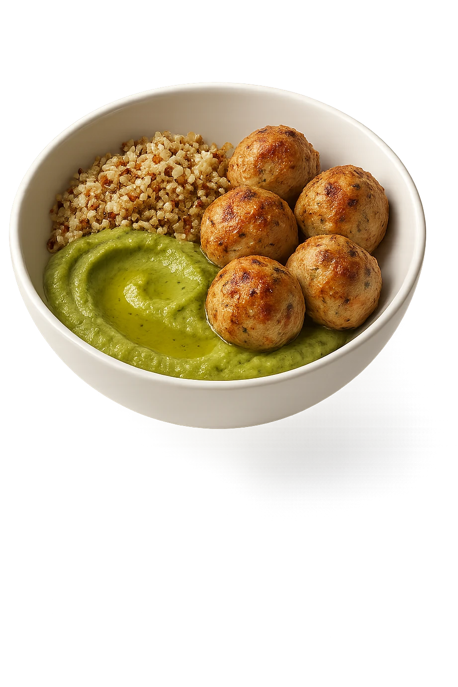 bowl bianca fluttua in aria con polpette di tacchino, purè di zucchine, quinoa e olio di oliva, iperrealistico 4k emoji