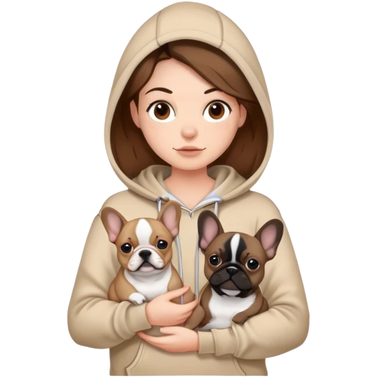 A brown haired girl wearing a beige hoodie is holding two French bulldogs, one beige and one black emoji
