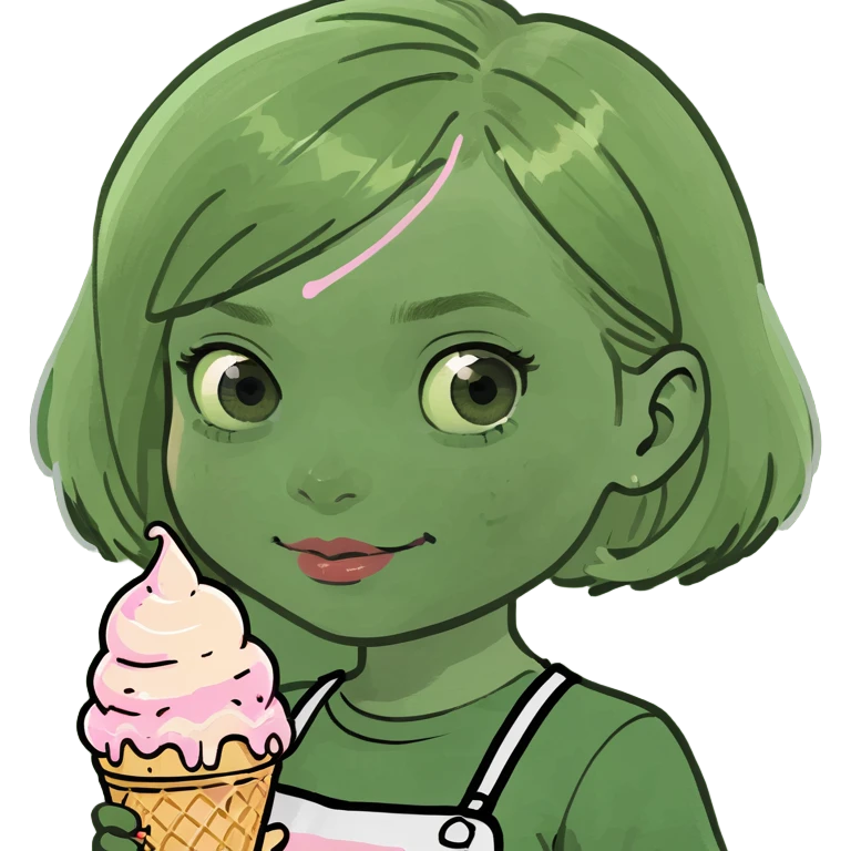 A little blonde girl with a bob holding ice cream emoji