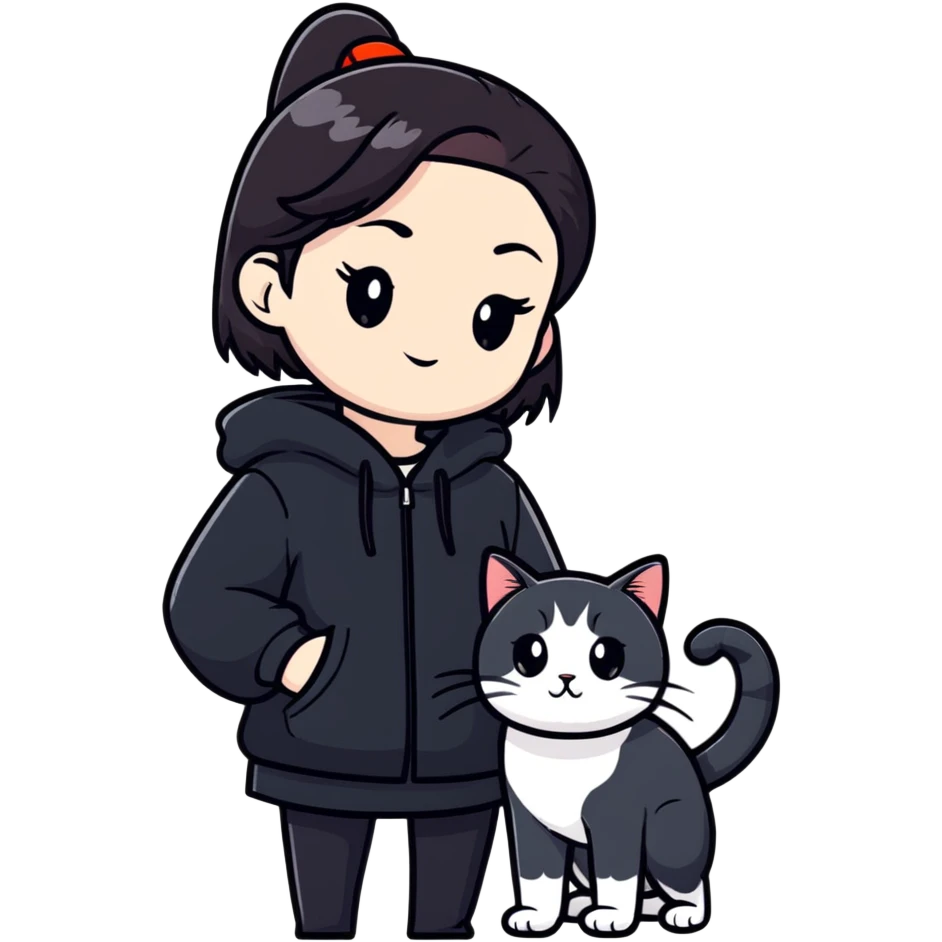 Young woman in black clothes with a Chinese domestic cat emoji