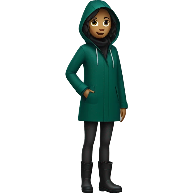 a skinny woman wearing a dark-green raincoat and black pants and dark-blue rainboots emoji