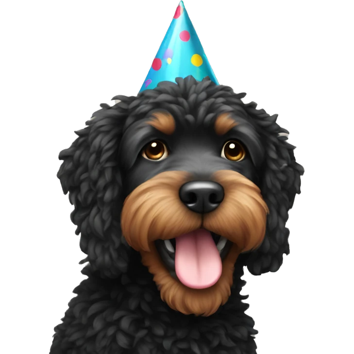 Black doodle wearing a party hat emoji