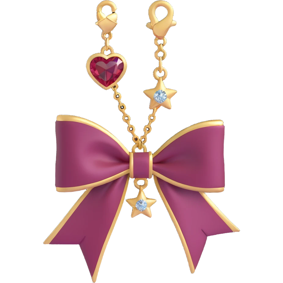 Add a tiny dangling heart charm, a delicate chain, and a small star pin to the 3D burgundy bow with gold trim and sparkling jewel. Keep the 3D emoji style exactly as is, with no background. emoji