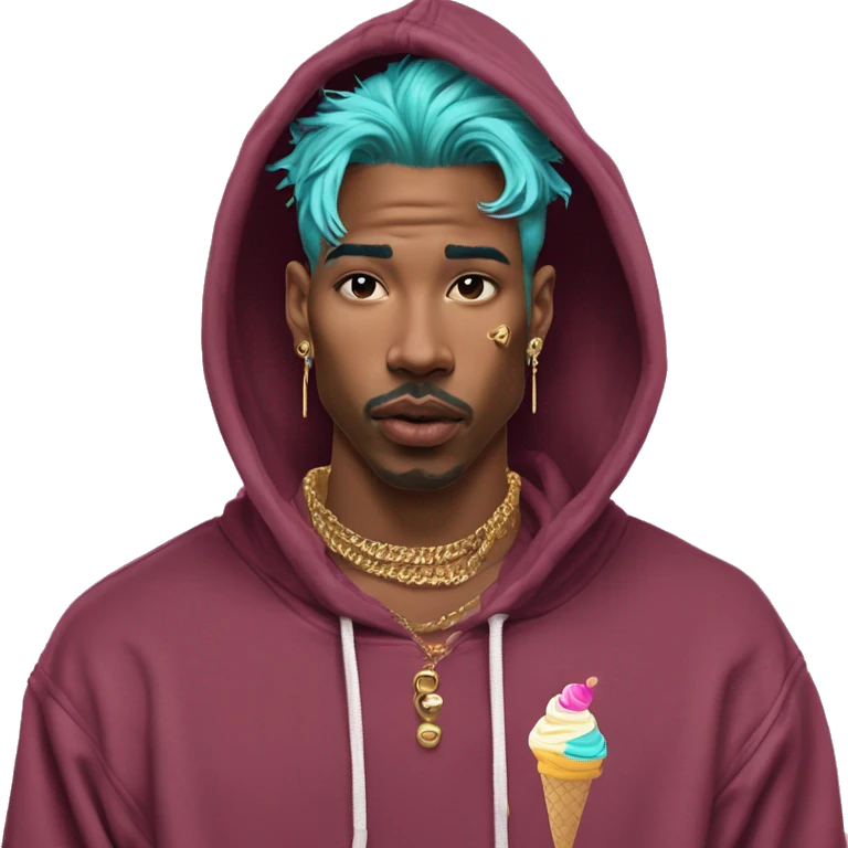 Vintage grunge patina intricate swirls golden sparkle tropical Deep pink maroon burgundy cyan dark hoodie man dyed hair and gold piercings nose piercing ear piercings ice cream  emoji