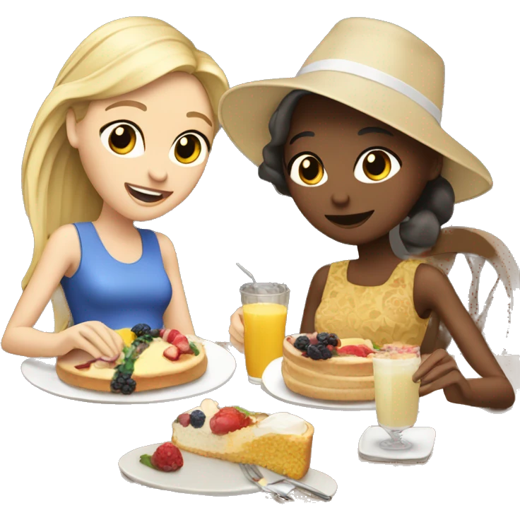 Blonde and brunette, white girls eating brunch. The brunette has a birthday hat on emoji