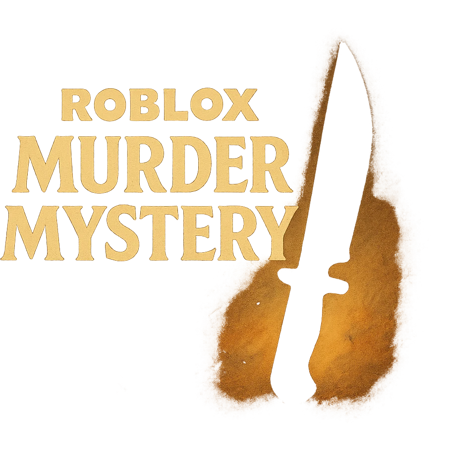 Roblox Murder Mystery logo with dramatic lighting, knife silhouette, ghibli style emoji