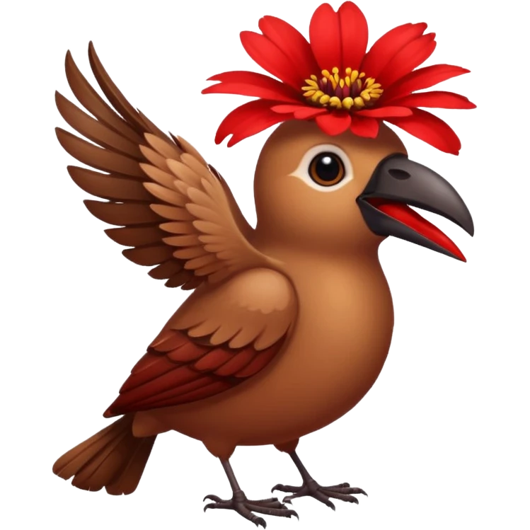 A bird carrying a red flower in its mouse  emoji