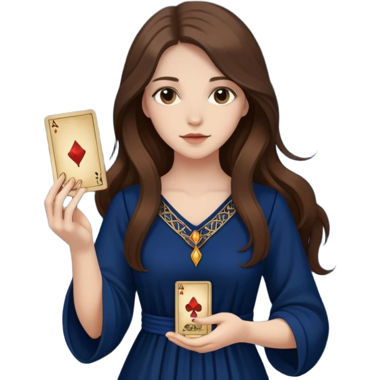 A girl with long hair, in a dark blue dress holds tarot cards in her hands emoji