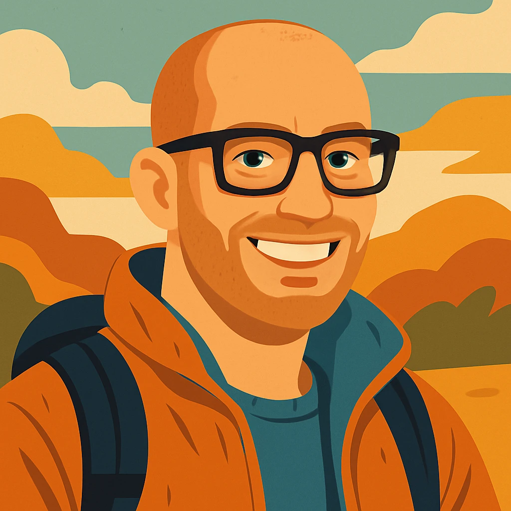Make the bold man smile, keep the modern illustration style, squared dark glasses, blue eyes, traveler vibe. emoji