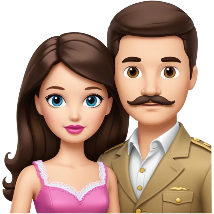 Brunette Barbie and Ken with mustache emoji