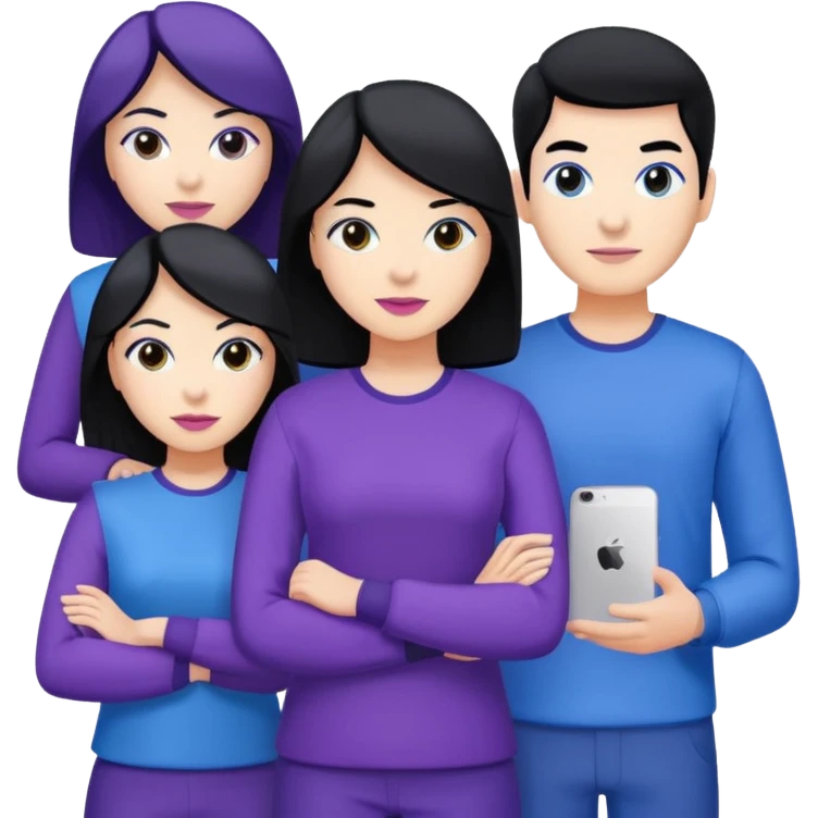 4people 2 men and 2 women. with black hair and white skin. ready to create a team. with blue and purple clothes emoji