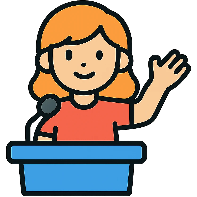 Girl standing with raised hand gesturing while giving a speech emoji