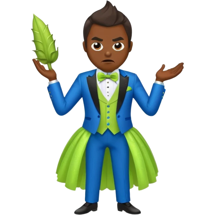 Angry blue banana fruit wearing a sparkly lime green tuxedo and tutu emoji