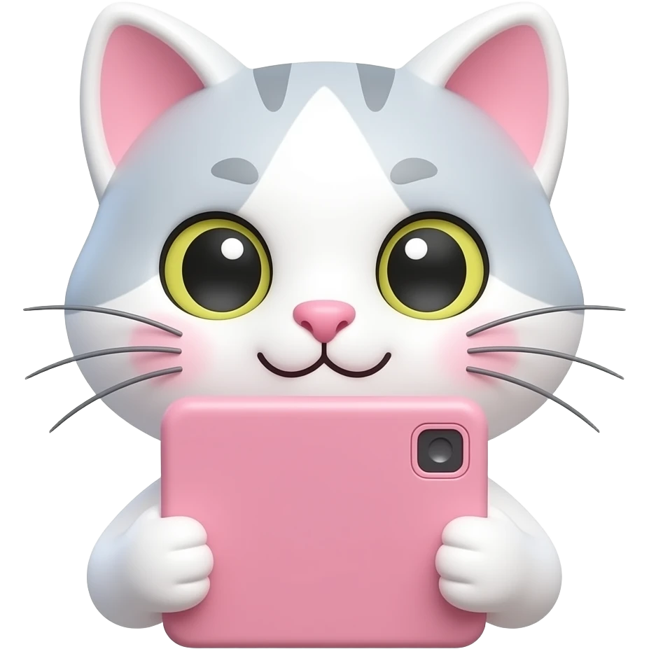 Aesthetic white cat face emoji holding a pink graphics tablet, soft pastel colors, cute 3D render, transparent background emoji