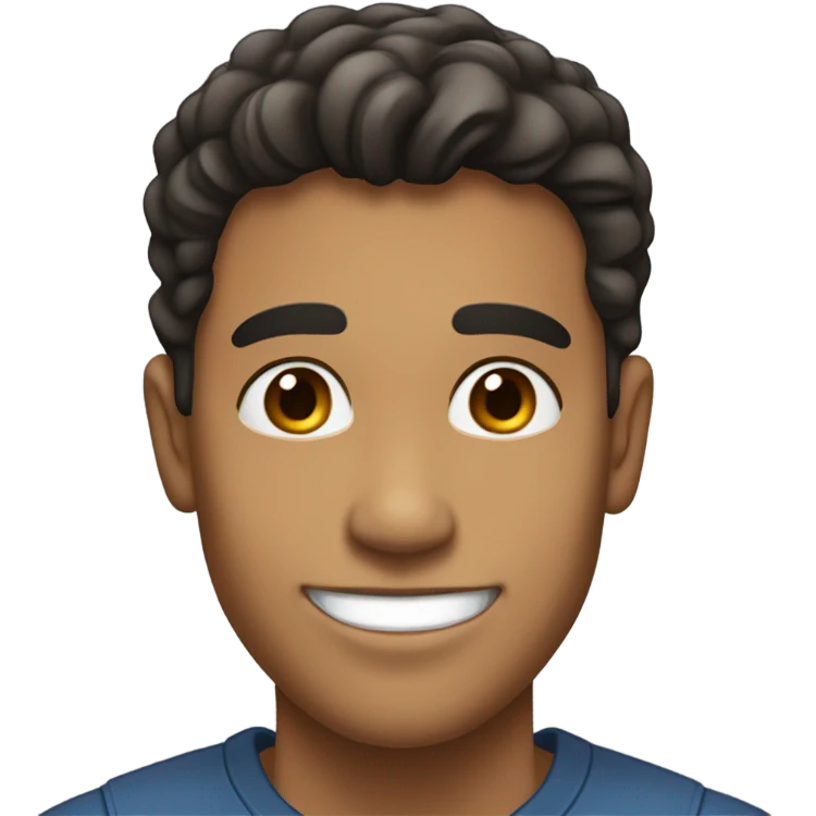 Tall Hispanic young man smiling with light brown skins and dark hair and a little bigger emoji
