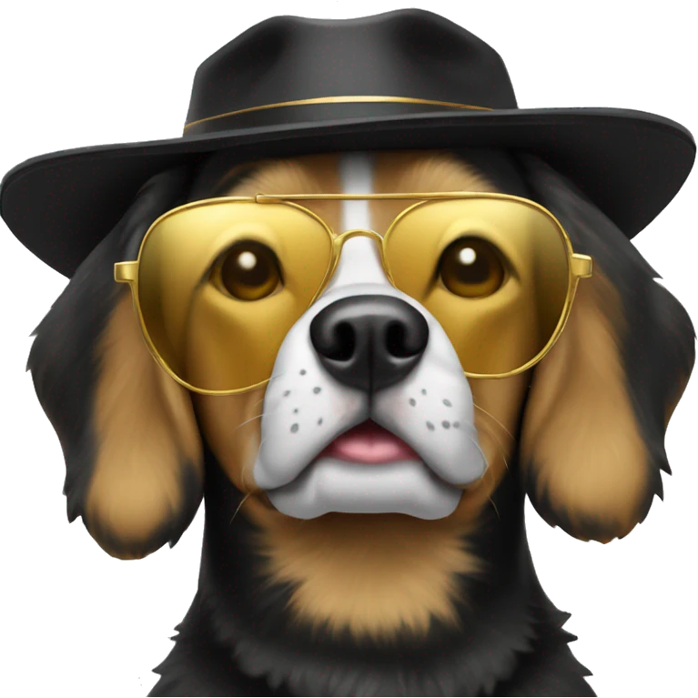 Dog wearing gold sunglasses and a backwards black hat  emoji