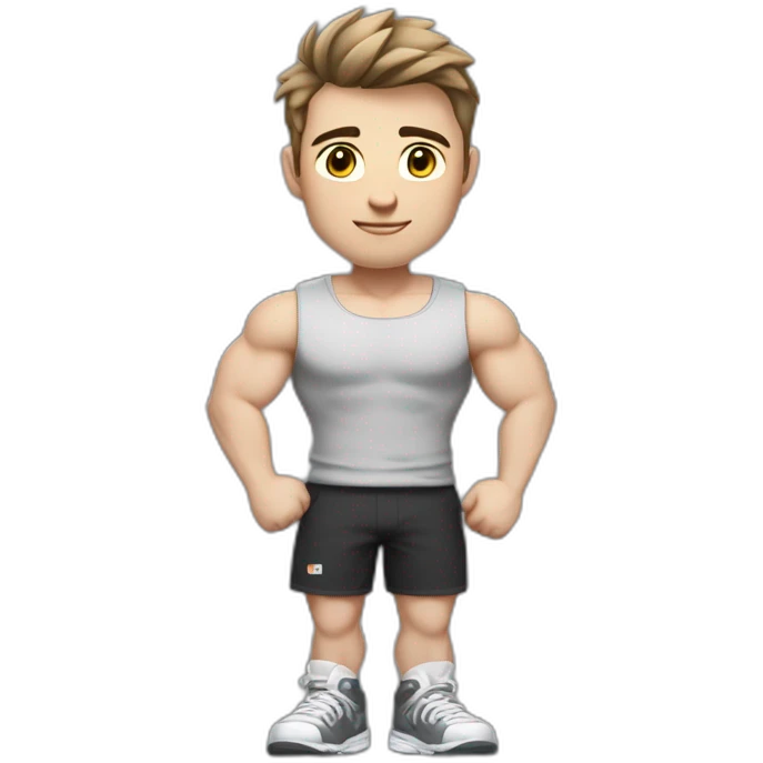 Full height Pale skinned fit man With biceps and brown Short Tousled hair In dark gray sleeveless mike, black oversize sports shorts, watch and white sneakers. his arms crossed over his chest emoji