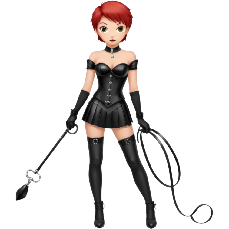 mistress, ragazza dominante, capelli rossi corti, sguardo serio, corsetto in pelle nero lucido, minigonna in latex, frusta in mano, guanti lunghi neri, calze autoreggenti nere, tacchi alti, ragazzo con collare e guinzaglio in mano alla ragazza emoji