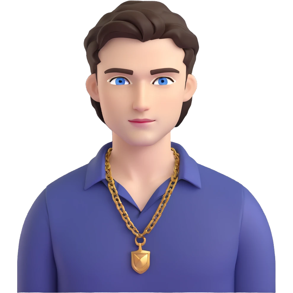 handsome male with intense blue-grey eyes, chiseled features, pale skin, confident smirk, dark brown styled hair, baddie energy, gold chain, stylish fitted shirt emoji