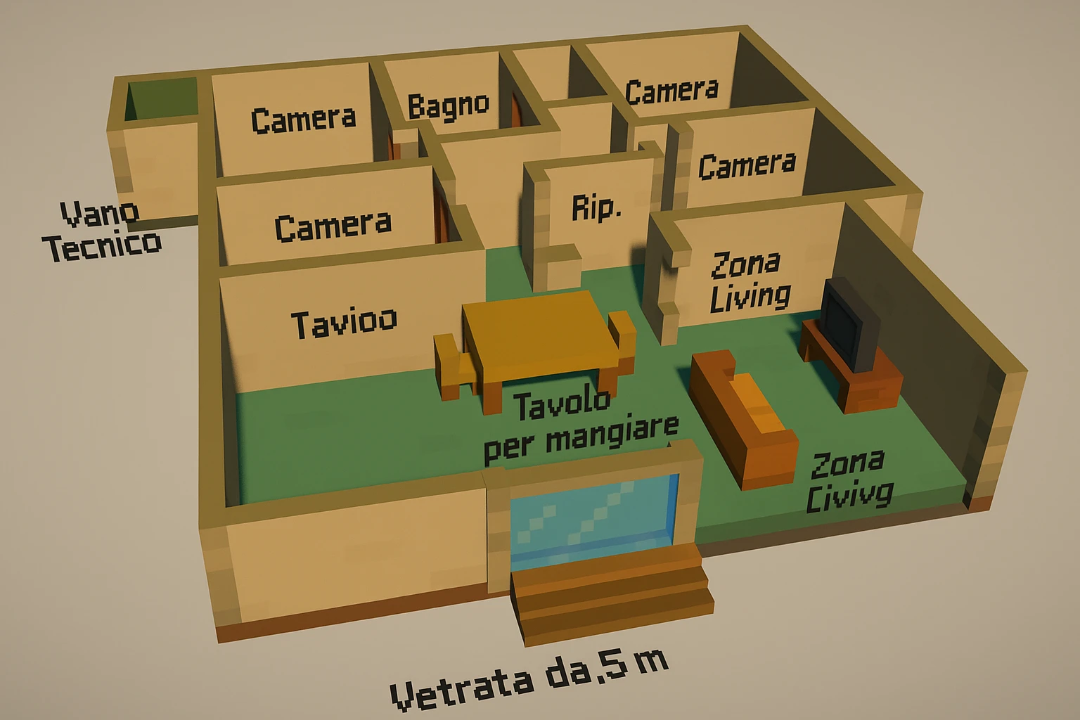 3D draft of the same floor plan: four bedrooms, two bathrooms, open space kitchen, large living area, storage room, large window, central table, sofa/TV, technical room. Perspective view, modern style, essential details. emoji