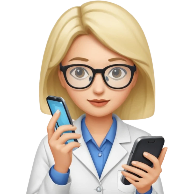 científica mujer viendo un celular emoji